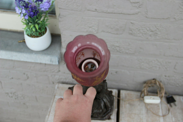 Gorgeous French Spelter bronze putti lamp glass dragon etched pink shade rare