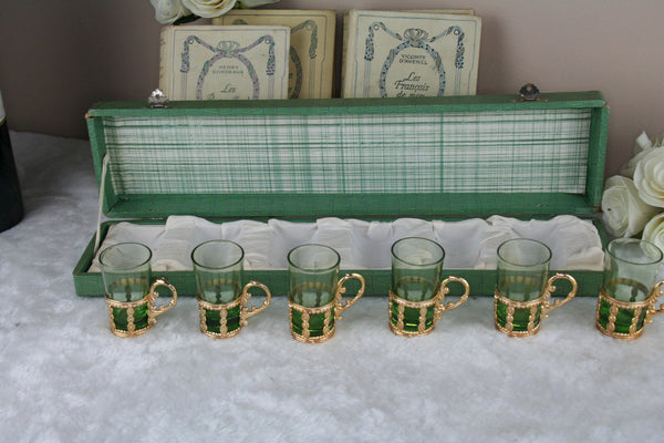 Set of 6 Vintage Green glass brass liquor Glasses set in original Box Czech 1960