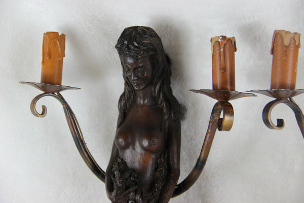 PAIR Vtg french art nouveau naked lady Caryatid Wall lights sconces wood patina