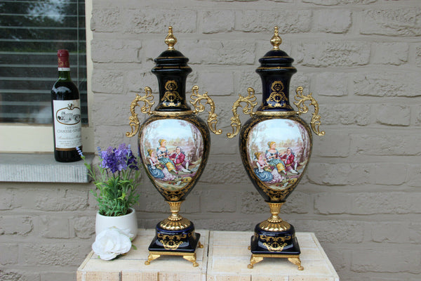 PAIR Cobalt blue porcelain Vases victorian romantic scenes marked 1960