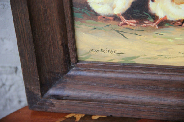 Set 3 Antique French oil panel animal farm chicken goat rabbit  painting signed