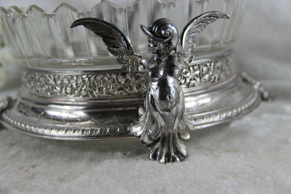 Antique French centerpiece bowl crystal glass cut caryatid mythological figurine