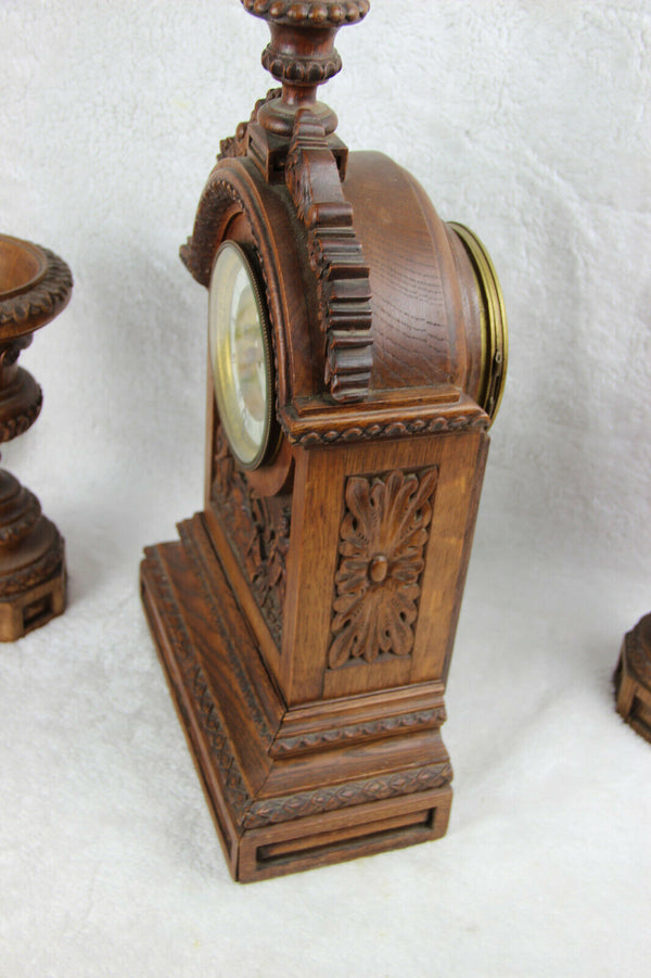 Antique French wood carved clock putti angel candle holders set