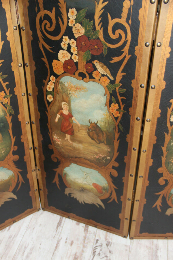 Antique XL French folk art 4 season putti animal Childs hand paint Room screen