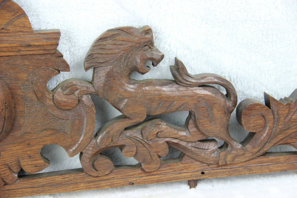 Antique large French pediment fronton wood carved lions castle cabinet top