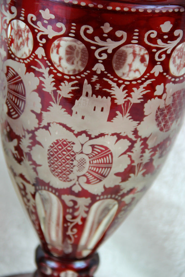 Huge Bohemian Czech crystall art glass etched Hunting dog deer ruby red vase