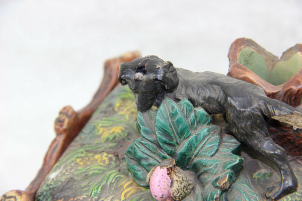 19thc Austrian terracotta barbotine hunting dog deer lidded box Johann Maresch