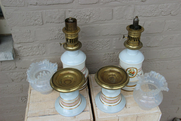 Rare PAIR antique French porcelain hand paint oil petrol lamps floral
