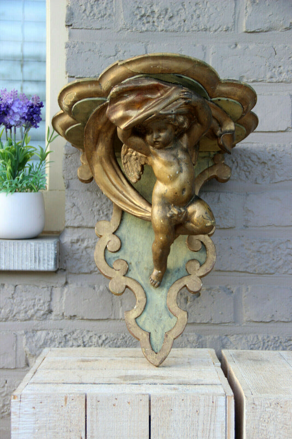 Antique italian gilt carved Wood & plaster putti angel figurine wall console