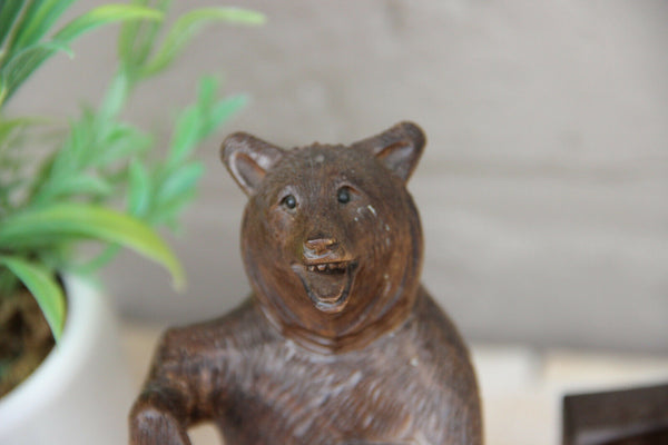 Antique black forest wood carved bear ashtray