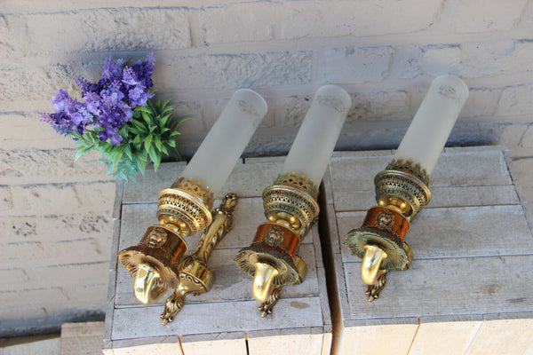 Set 3 French brass metal glass lion heads Wall lights sconces
