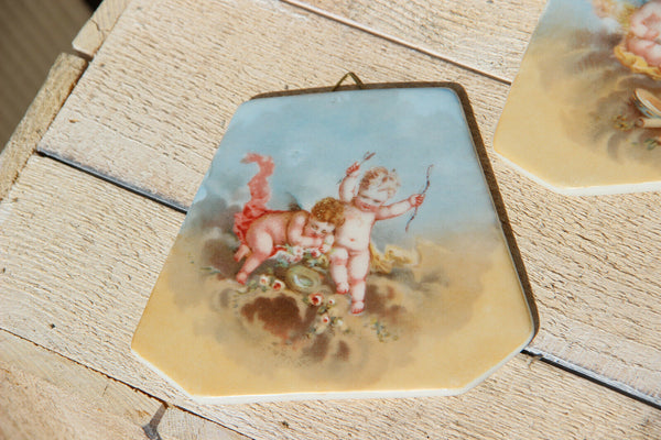 PAIR antique Limoges Porcelain putti angels wall plaques Romantic