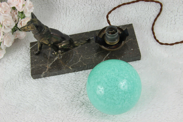 ART Deco German dog 1930 spelter bronze marble lamp signed