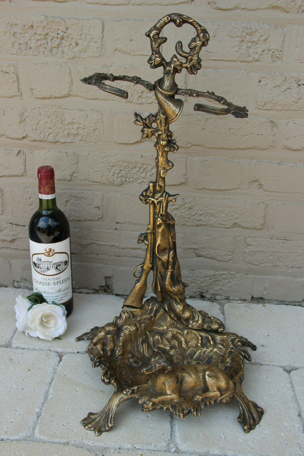 French vintage 1950 Bronze umbrella stand holder hunt trophy rabbit dog horn