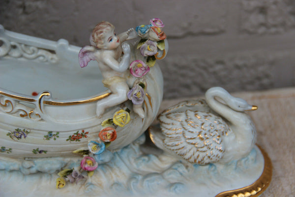 Gorgeous German porcelain romantic putti angels swan planter vase