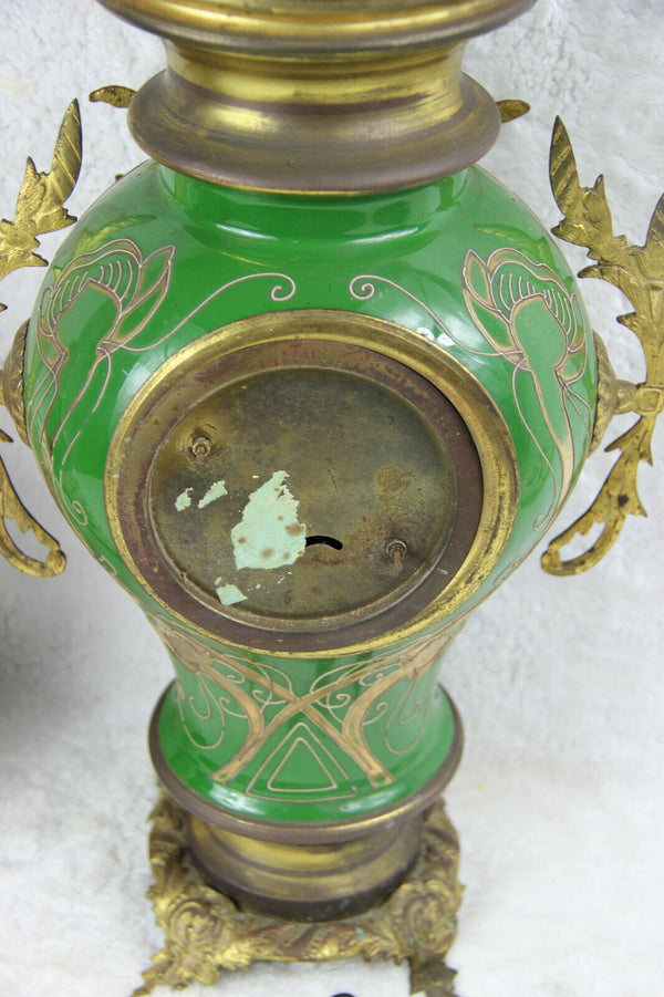 French antique Faience porcelain Green art nouveau clock