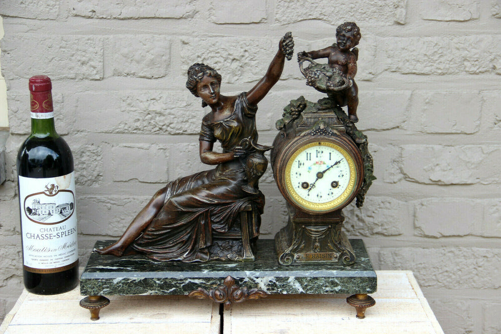 Antique French spelter Bronze group lady putti with grapes clock marble base