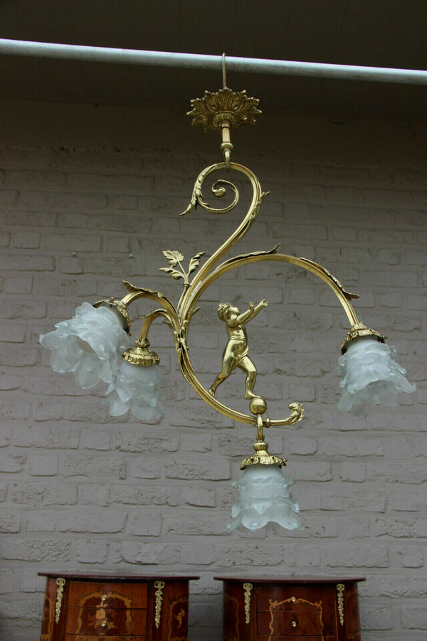 Gorgeous French bronze putti angel 4 arm chandelier pendant lamp shades n1