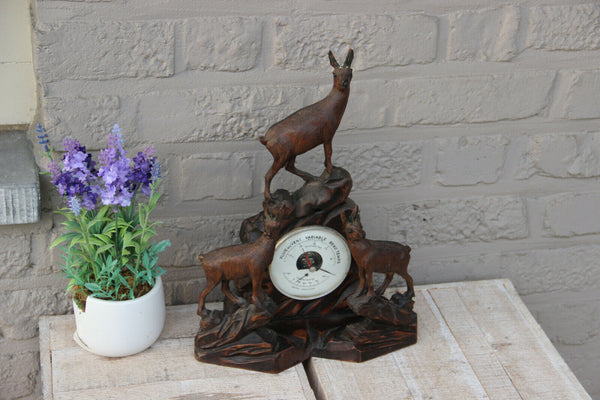 Rare Antique Swiss Black Forest wood carved hunt deer Animal Barometer