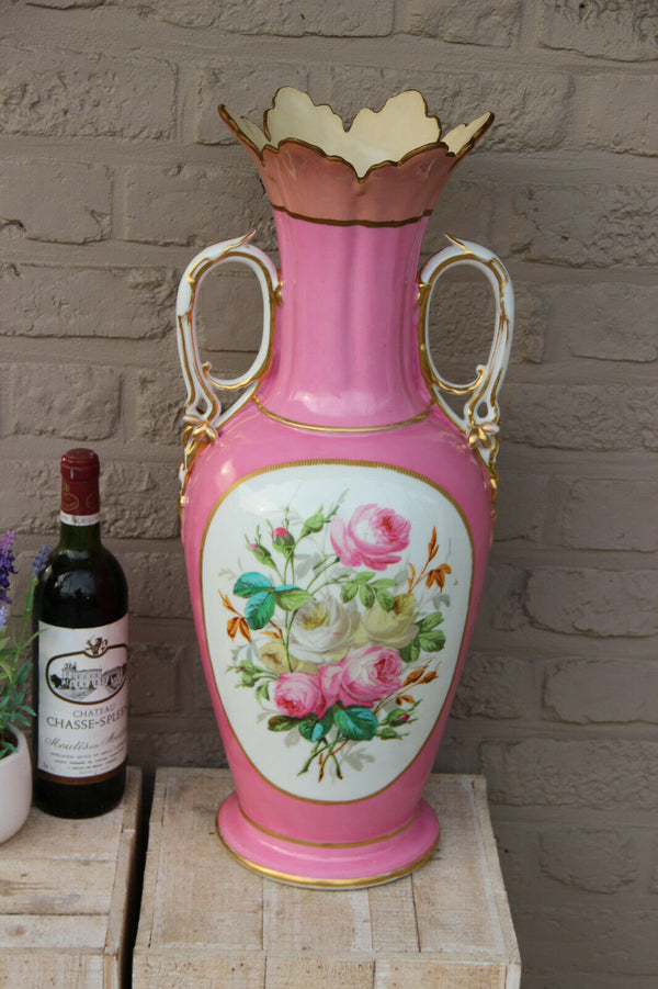 Huge Antique French vieux paris porcelain hand paint Vase pink