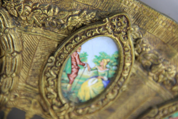 Unusual Bronze porcelain plaque medaillon victorian scene Clock fan form 1960