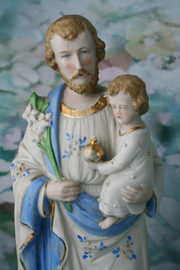Large French Biscuit Holy Saint Joseph child Jesus statue figurine pastel blue