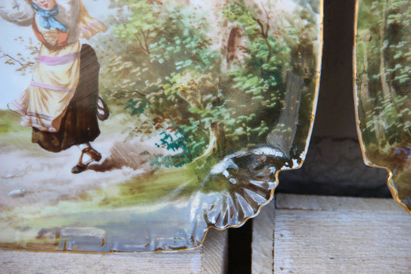 PAIR french porcelain Limoges romantic Scene boy girl castle landscape