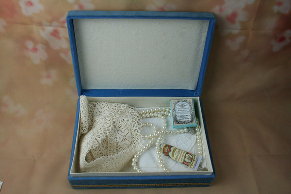 Antique FRENCH fabric box velvet nice color blue with medallion frazarte signed