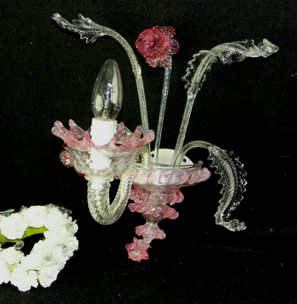 Vintage 1970 MURANO hand blown pink clear glass sconce wall light