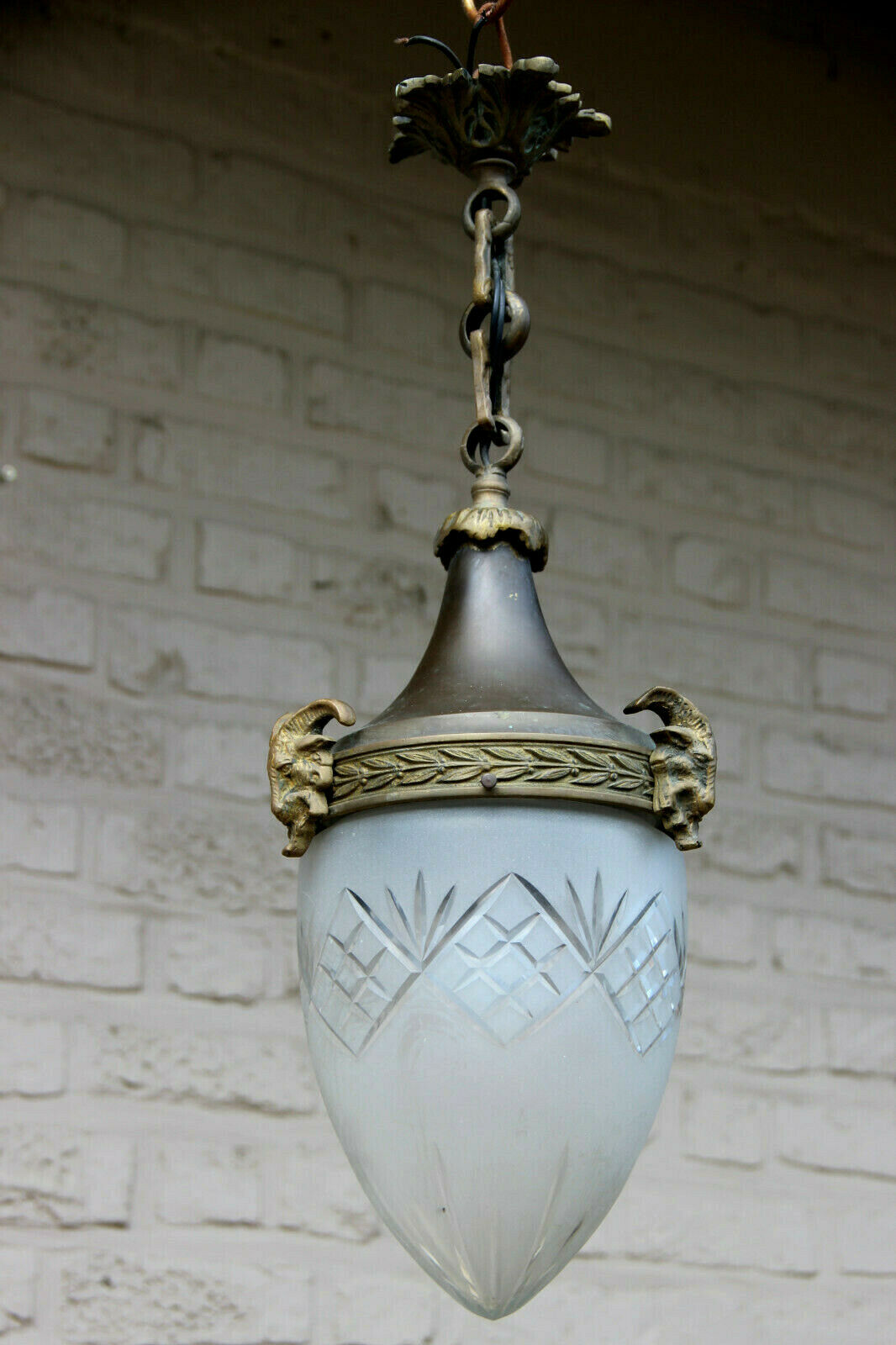 Antique French lantern pendant lamp chandelier crystal glass  shade ram heads