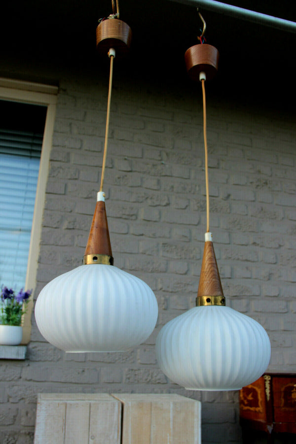 PAIR Retro 1970 Scandinavian teak milk glass shades pendant lamp chandelier