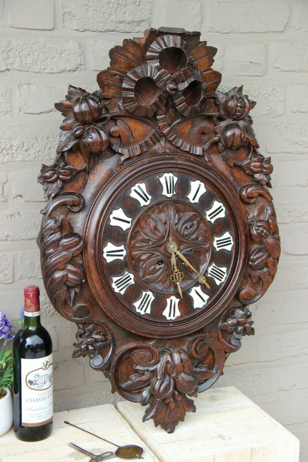 XL Top antique BLACK FOREST wood carved Wall clock Floral decor