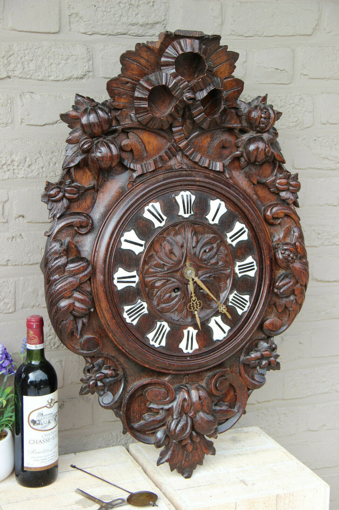 XL Top antique BLACK FOREST wood carved Wall clock Floral decor