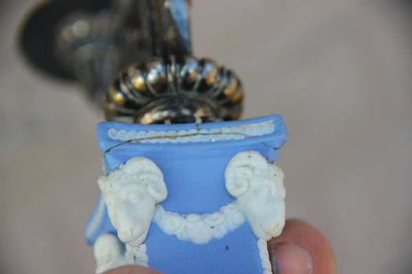 Antique PAIR Wedgwood angel putti ram heads porcelain candle holders