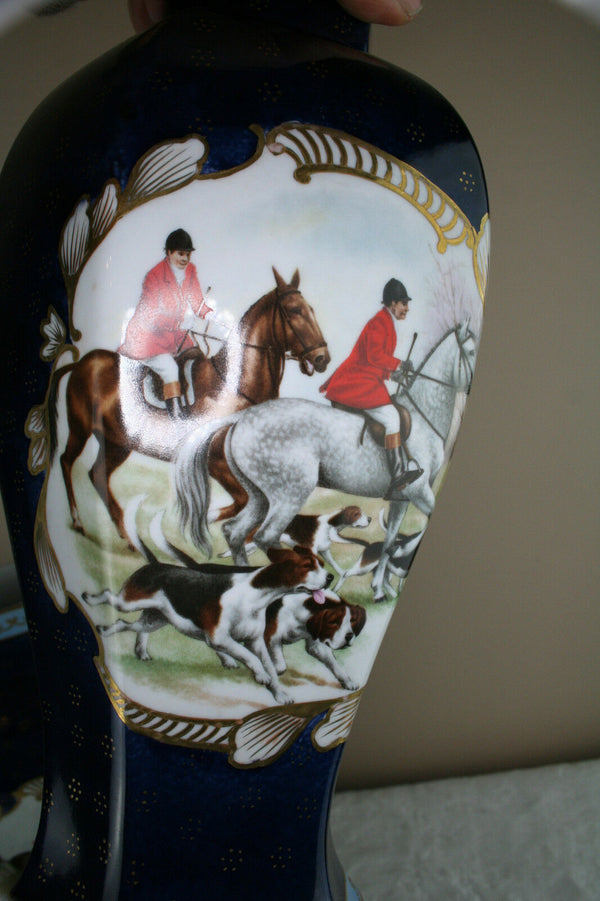 PAIR  French vases in Limoges porcelain hunting dogs horses scene marked