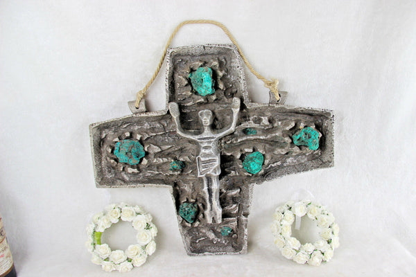 HUGE Rare BRUTALIST Stoneware malachite stones Crucifix cross religious christ