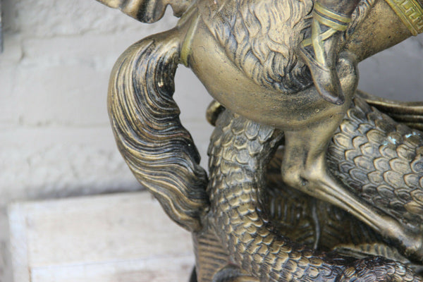 Antique XL French Group Terracotta Saint George Dragon Statue religious