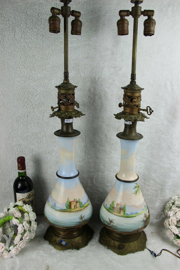 XXL PAIR antique French vieux paris porcelain hand paint table lamps romantic