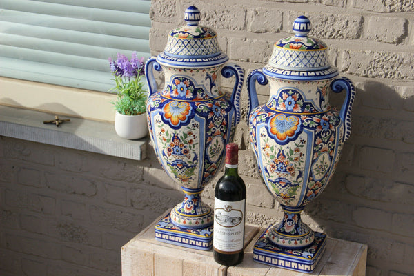 Huge majestical Hand paint ROUEN French Faience porcelain Vases marked