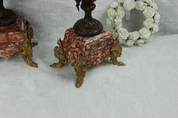 PAIR Spelter bronze marble Putti cherub urns vases french antique
