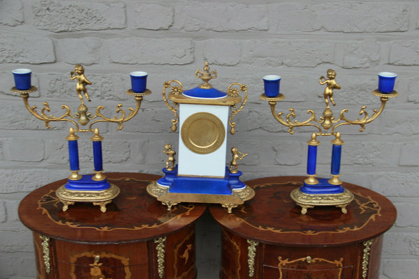 Superb French vintage porcelain putti angels floral clock set candlesticks 1960