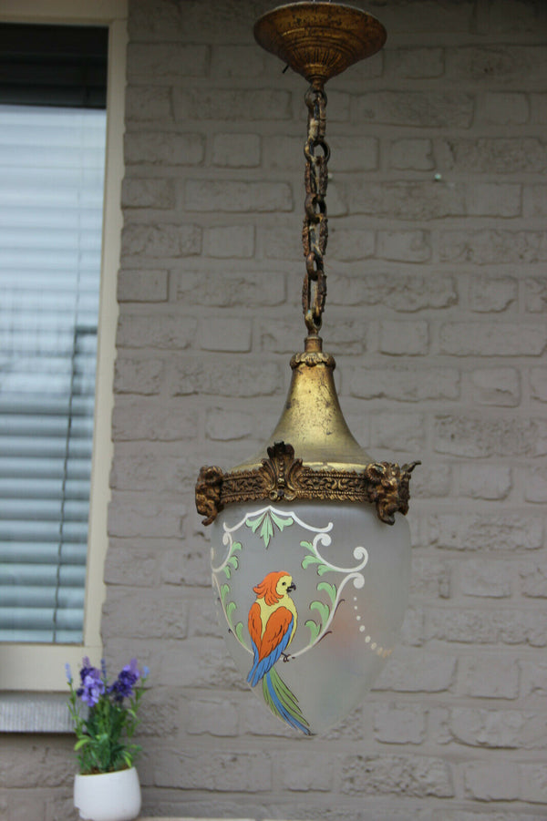 Rare antique Bronze French glass parrot chandelier lantern lamp ram heads