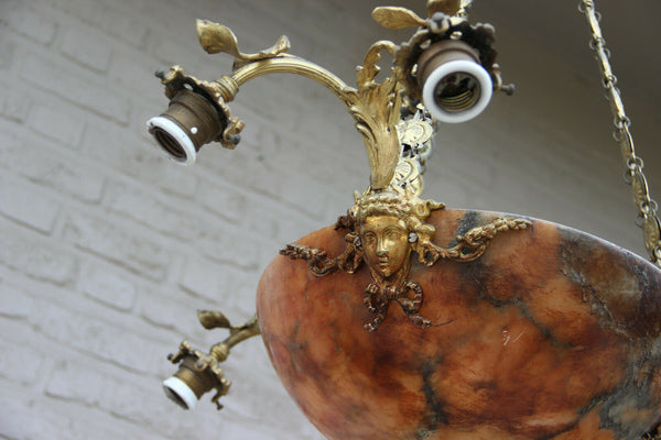 Gorgeous French amber alabaster bowl coupe caryatid heads chandelier lamp