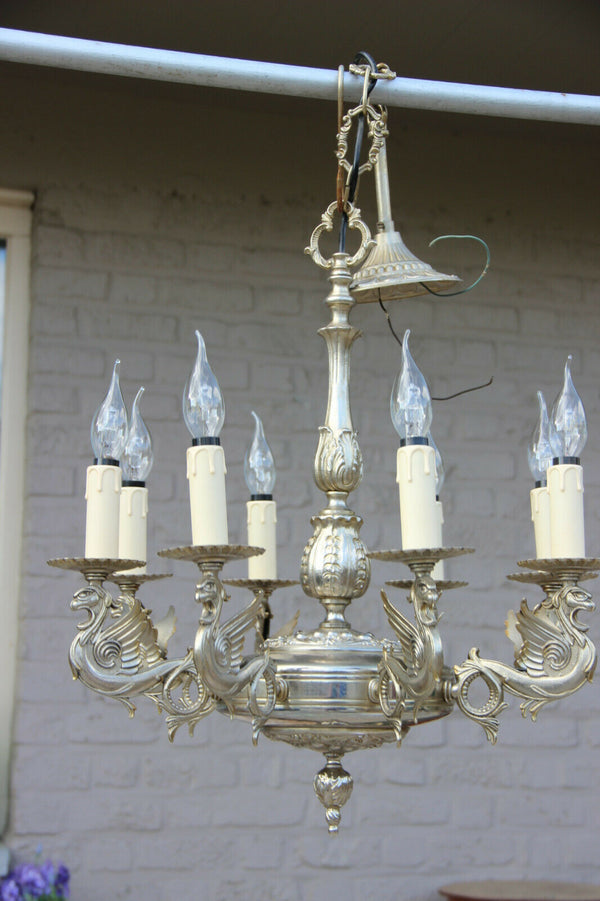 French brass silver patina gothic castle 8 arms dragon chandelier lamp