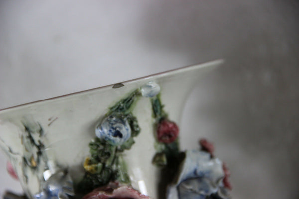 PAIR antique French barbotine majolica Victorian lady man figurine relief vases