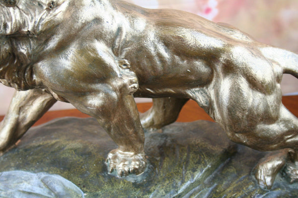A Fagotto signed sculpture statue of a Lion terracotta plaster Patina Circa 1920
