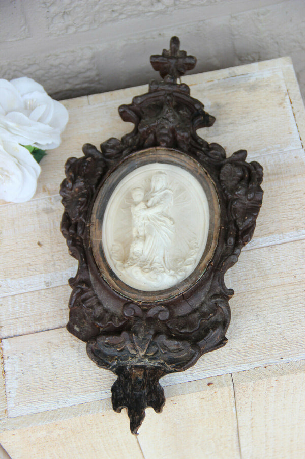 Antique Napoleon III wood carved crucifix meerschaum madonna signed ROGEAU