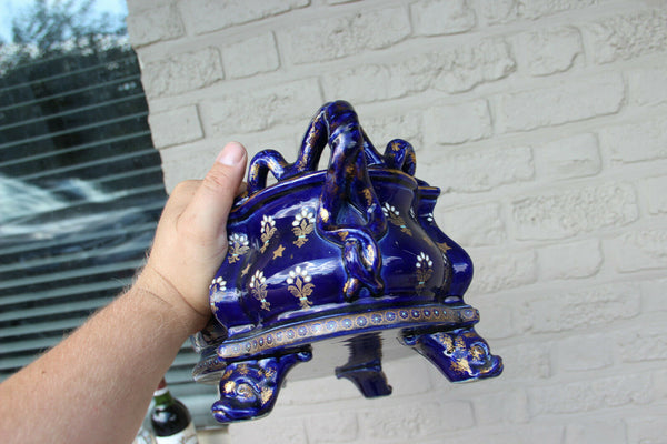 XL French antique majolica planter jardiniere Fleur de lys enamel dolphin snake