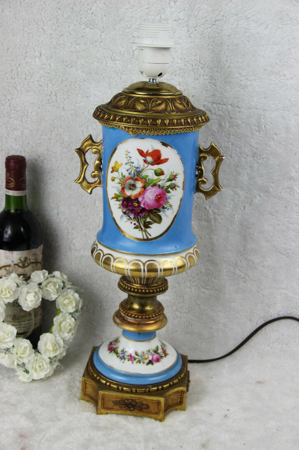 Antique French vieux paris porcelain floral lamp pastel blue
