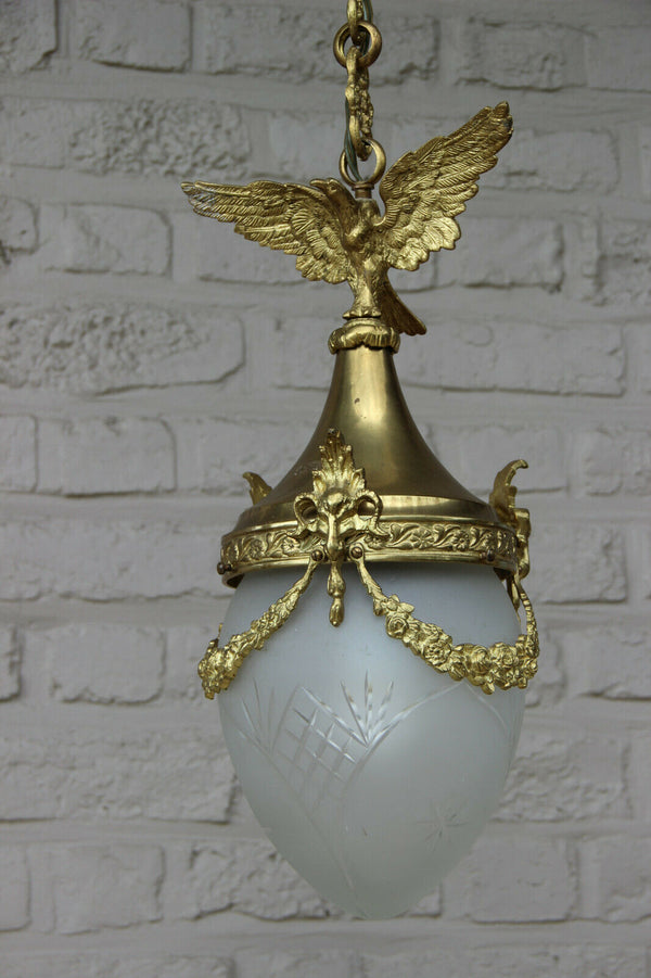 Antique French hall lantern chandelier Eagle ram heads crystal glass shade